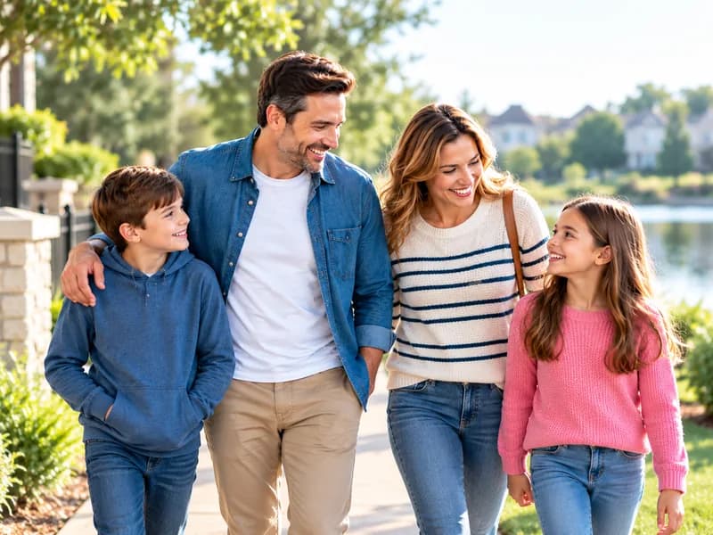 A family walking together along a lakeside path