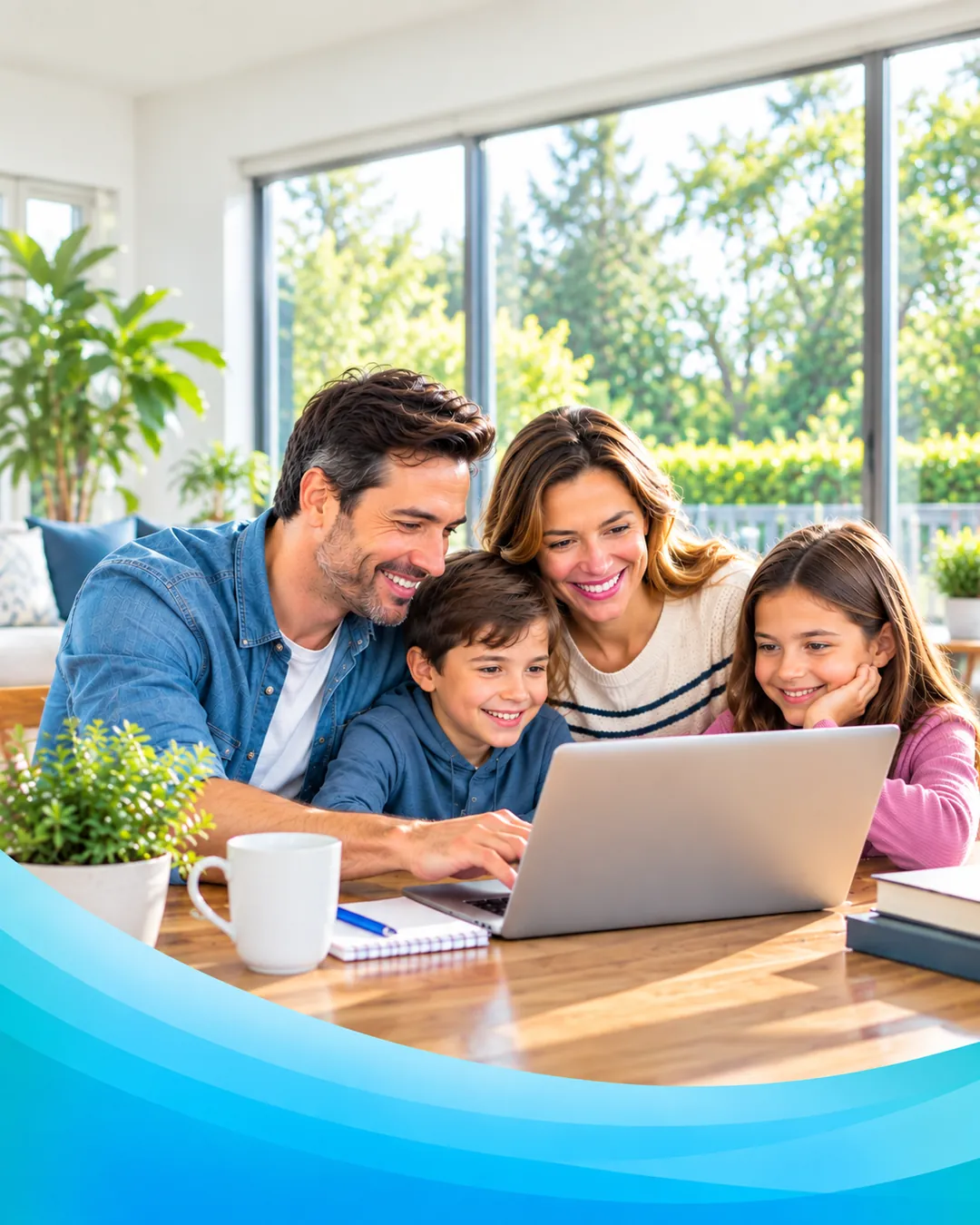 A family looking at a laptop together at home