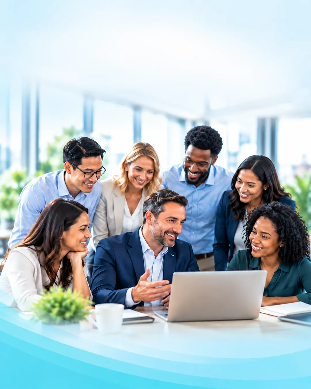 A team gathered around a laptop in a bright office